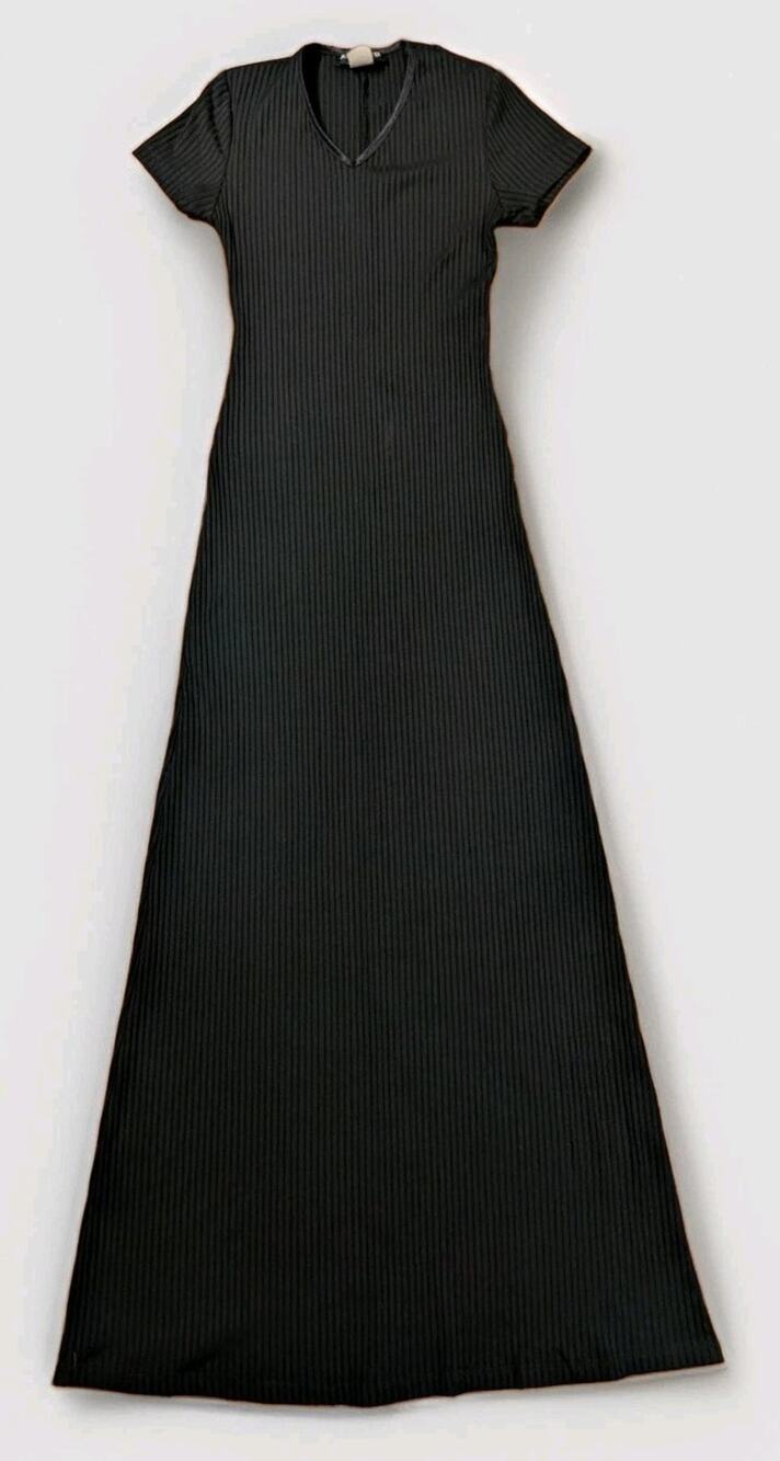 Vintage 90s Black Market Maxi Dress S Black Ribbed V Neck Made USA Goth